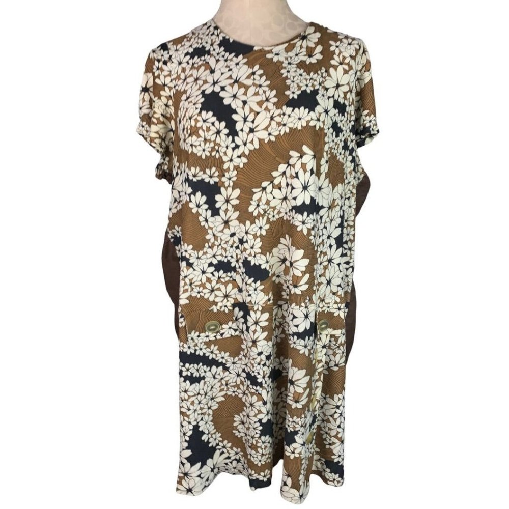 Vintage 1950s Handmade Plus Size Brown Shift Dress Floral Print Knee Length